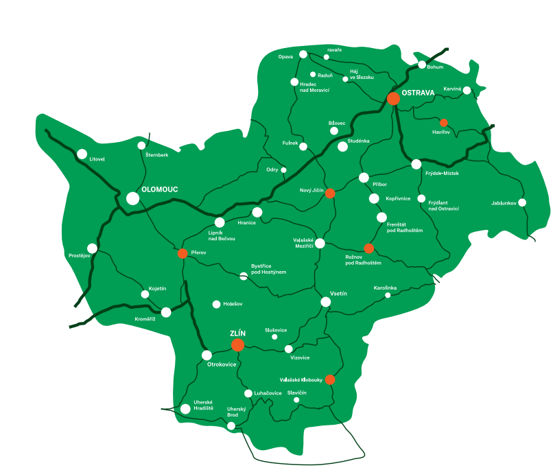 Mapa s pobočkami Poradny pro pacienty, pečující a pozůstalé Strom života